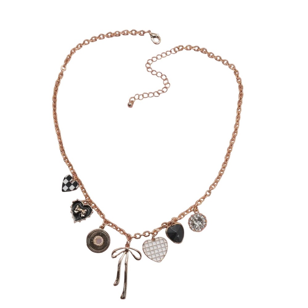 Charm Necklace Gold Hearts Bow Checkerboard Black & White Dangle Women's Jewelry